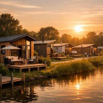 tiny houses in een groen vakantiepark bij water