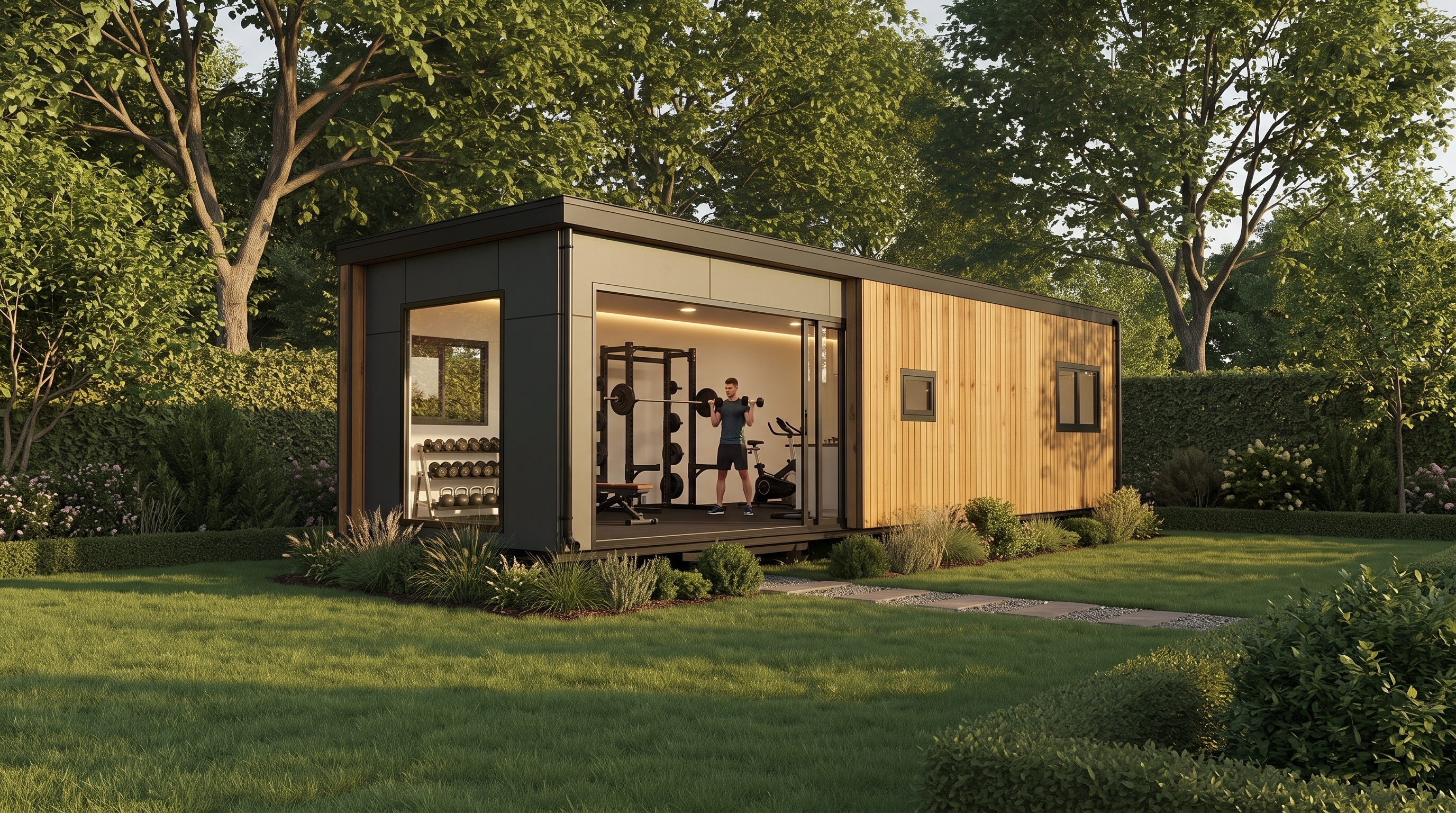 Gym in de tuin in een prefab unit van tiny met sportvloer en halters