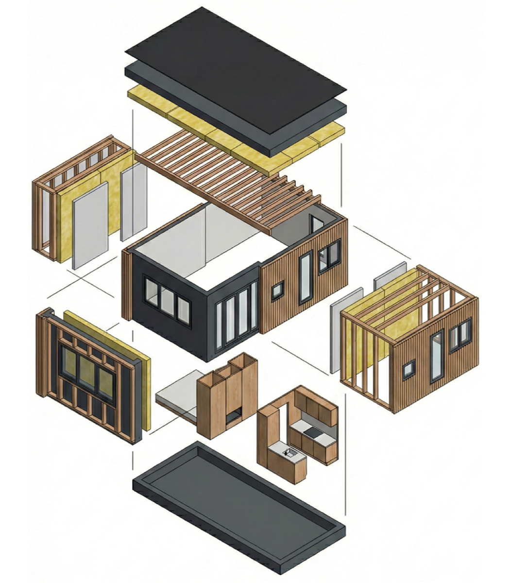 Opengewerkte tekening van een modulaire tiny: dak, isolatie, wanden, kozijnen, keuken en vloer
