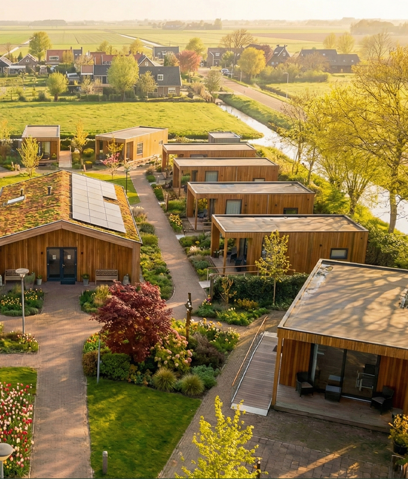 Bovenaanzicht van een tiny care woonproject met vrijstaande zorgwoningen in een groene omgeving.