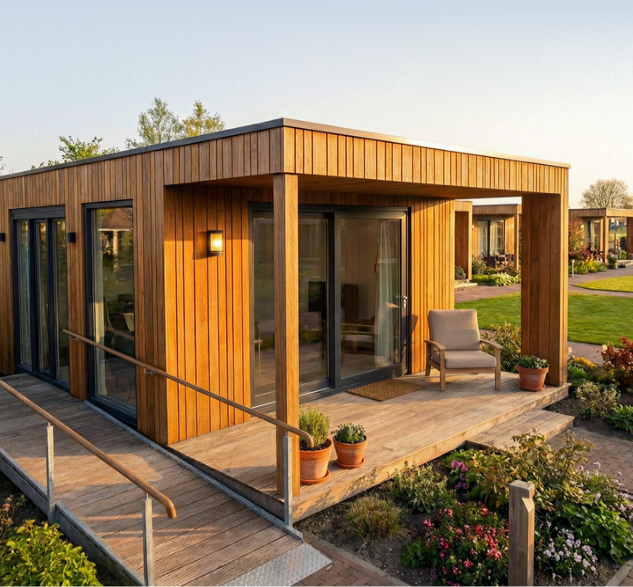 Toegankelijke houten mantelzorgwoning met hellingbaan en groot terras in een groene tuin.
